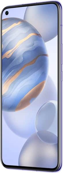 Huawei Honor 30 front view showing display with blue and gold abstract wallpaper and waterdrop notch camera
