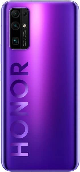Huawei Honor 30 rear view, purple gradient back with "HONOR" text and quad camera module