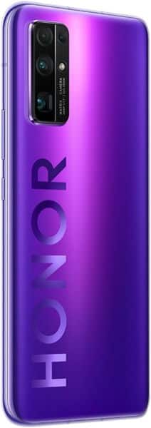 Huawei Honor 30 rear view, purple gradient body with "HONOR" text and dual camera module