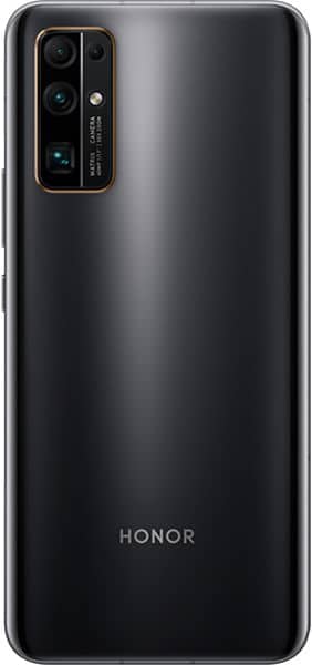 Huawei Honor 30 rear view, black phone with quad camera array and gold accent ring around camera module