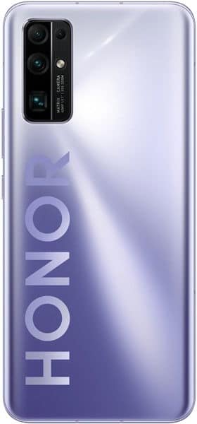 Huawei Honor 30 rear view, silver-to-purple gradient back with "HONOR" text and quad camera module