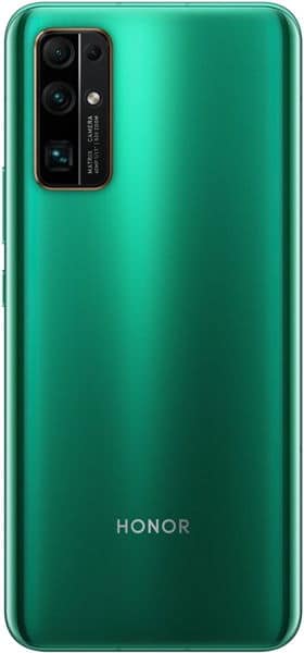 Huawei Honor 30 rear view, emerald green with quad camera module and "HONOR" branding on back