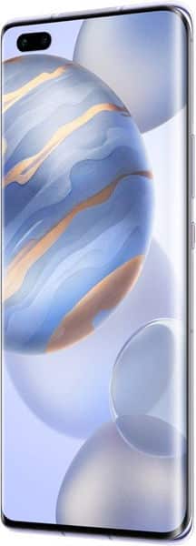 Huawei Honor 30 Pro+ front view with blue and gold abstract wallpaper on display screen