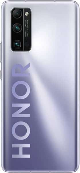 Huawei Honor 30 Pro+ rear view, silver gradient body with triple camera module and "HONOR" branding visible