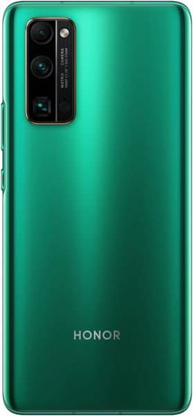 Huawei Honor 30 Pro+ rear view in emerald green with triple camera module and Honor branding