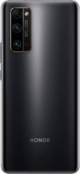 Huawei Honor 30 Pro+ rear view, black finish with vertical camera array and HONOR branding