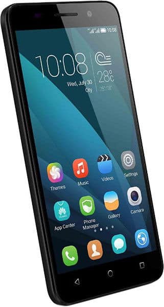 Huawei Honor 4X front view, black smartphone displaying home screen with time 10:08, weather widget, and app icons including Phone, Camera, and Settings