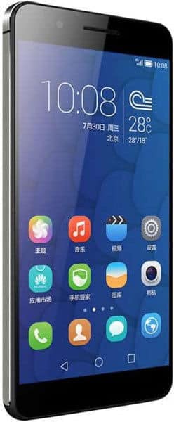 Front view of black Huawei Honor 6 Plus showing home screen with app icons, time 10:08, July 30, and weather info in Chinese.