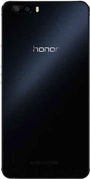 Rear view of black Huawei Honor 6 Plus showing centered "honor" logo, dual rear cameras, and flash in top left corner.