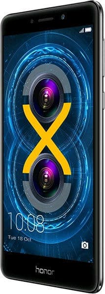 Huawei Honor 6X front view, displaying dual rear cameras with yellow X graphic and blue digital interface on screen