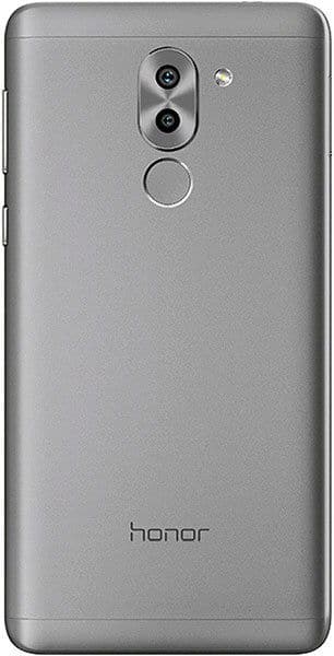 Huawei Honor 6X rear view, showing dual rear cameras, fingerprint sensor, and "honor" branding on gray aluminum back