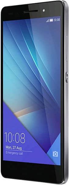 Huawei Honor 7 smartphone front view, displaying home screen with time 10:08 and blue geometric wallpaper