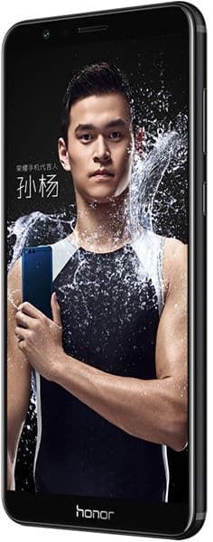 Front view of Huawei Honor 7X showing a man in athletic wear, water splash background, Chinese text, and "honor" branding.