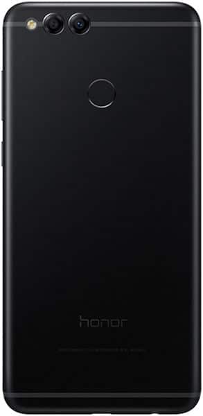 Rear view of black Huawei Honor 7X highlighting dual cameras, central fingerprint sensor, and "honor" logo at the bottom.