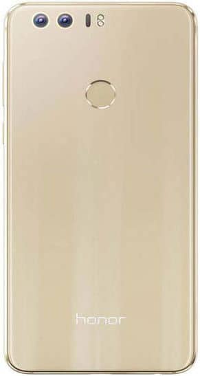 Huawei Honor 8 rear view, showing dual camera lenses, fingerprint sensor, and gold finish