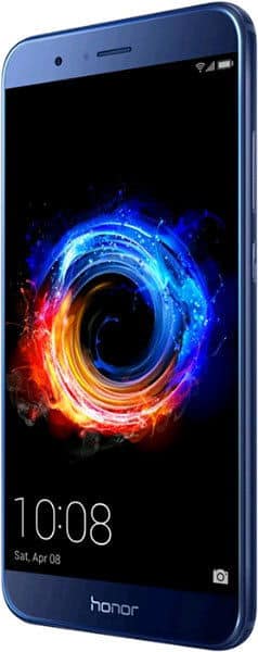 Huawei Honor 8 Pro front view with blue casing, displaying a colorful glowing vortex wallpaper and time 10:08