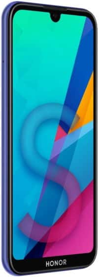 Huawei Honor 8S (2020) front view with turquoise, blue, pink, and yellow abstract display wallpaper and waterdrop notch