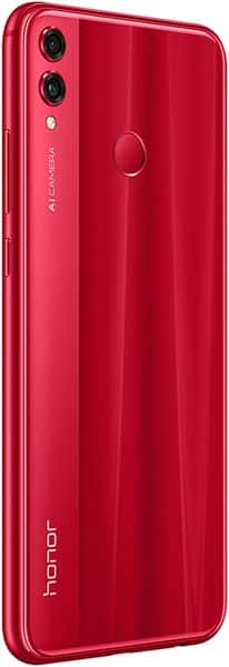 Red Huawei Honor 8X rear angled view showing dual cameras, LED flash, fingerprint sensor, and “honor” logo on glossy back.