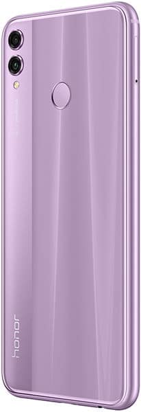 Purple Huawei Honor 8X rear and right edge view, showing dual cameras, center fingerprint sensor, and "honor" logo at bottom left.