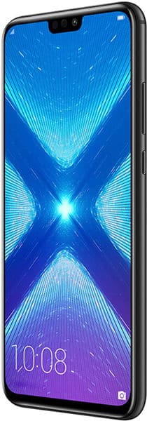 Front view of black Huawei Honor 8X showing blue X graphic, notch, thin bezels, and 10:08 time in lower left corner.