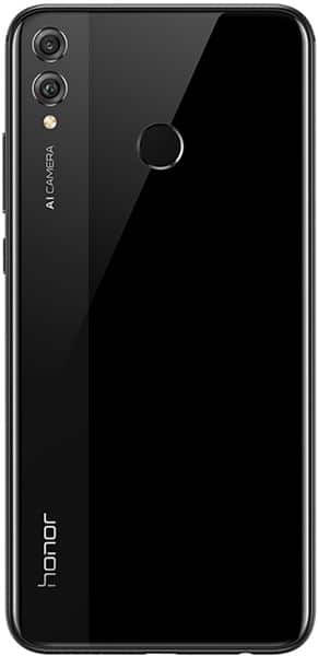 Rear view of Huawei Honor 8X showing dual cameras, flash, fingerprint sensor, and "honor" logo at bottom left.
