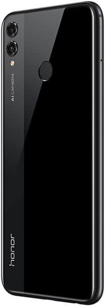 Rear view of black Huawei Honor 8X with dual rear cameras, fingerprint sensor, and "honor" logo at the bottom.