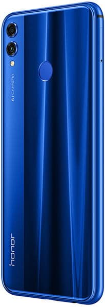 Rear view of blue Huawei Honor 8X showing dual cameras, LED flash, fingerprint sensor, Honor logo, and glossy finish.