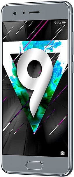 Huawei Honor 9 front view with screen displaying a large white number 9 on a colorful geometric background