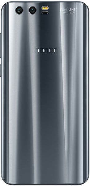 Huawei Honor 9 rear view with dual cameras, honor branding, and vertical striped gray finish