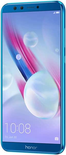 Front view of blue Huawei Honor 9 Lite, slim bezels, front camera, screen shows 10:08 and June 30 on a colorful abstract wallpaper.