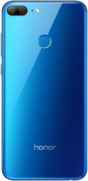 Rear view of blue Huawei Honor 9 Lite showing dual cameras with flash, central fingerprint sensor, and Honor logo at the bottom.