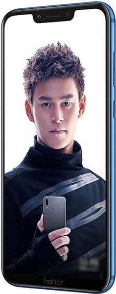 Front view of Huawei Honor Play showing man with short hair holding a smaller phone; blue frame clearly visible.