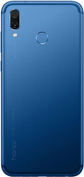 Rear view of blue Huawei Honor Play showing dual rear camera, fingerprint sensor, and "honor" logo at the bottom.