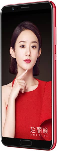 Huawei Honor V10 smartphone, front view, displaying a portrait of a woman in a red top on screen, red frame
