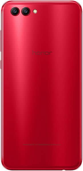 Huawei Honor V10 rear view, red, showing dual camera setup and honor branding on metallic back
