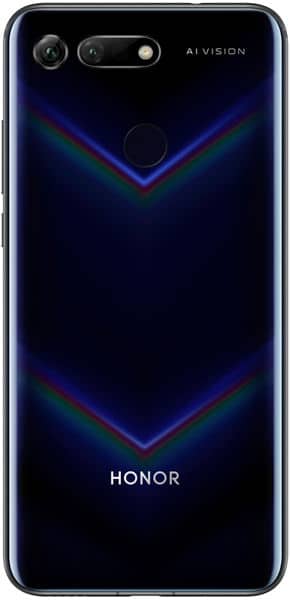 Huawei Honor View 20 rear view, displaying dual camera setup and blue geometric light pattern on dark background
