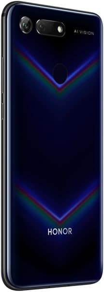 Huawei Honor View 20 rear view, showing dark blue back with chevron pattern, dual camera and AI Vision text
