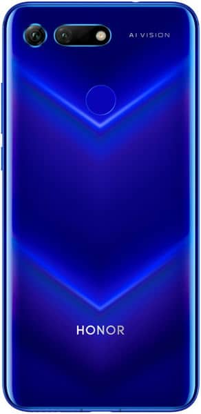 Huawei Honor View 20 rear view, showing blue gradient back with dual cameras, AI Vision branding, and fingerprint sensor