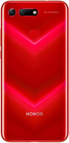 Huawei Honor View 20 rear view, red glossy back with V-shaped neon lighting pattern, dual camera setup, fingerprint sensor