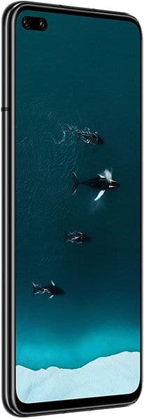 Huawei Honor View 30 Pro, front view, displaying aerial ocean scene with boats and sandy beach on screen