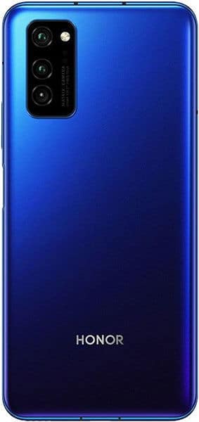 Huawei Honor View 30 Pro rear view, blue gradient back with triple camera module in upper left corner and "HONOR" branding centered at bottom