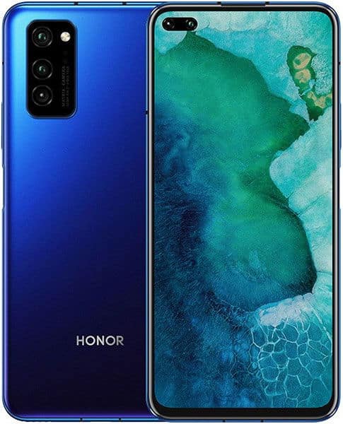 Huawei Honor View 30 Pro front and back views, blue gradient finish with triple rear cameras and turquoise ocean wallpaper on screen