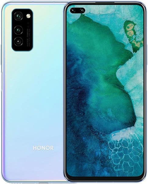 Huawei Honor View 30 Pro front and back view, showing light blue gradient rear with triple camera array and turquoise display with underwater imagery