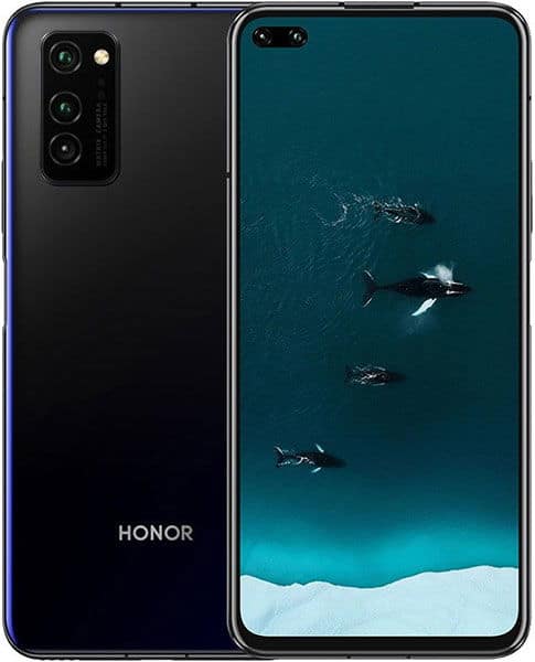 Huawei Honor View 30 Pro rear and front view, black phone showing triple rear cameras and teal ocean scene with whales on display