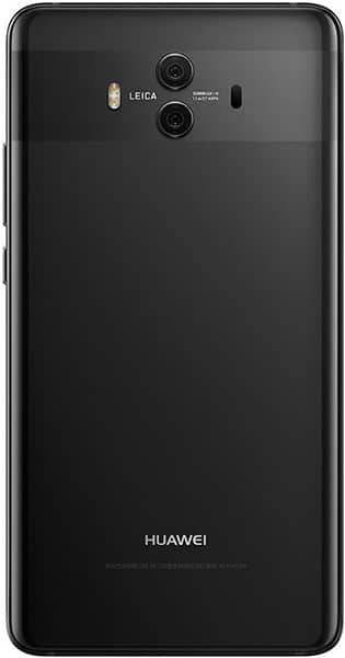 Huawei Mate 10 rear view, showing dual Leica cameras and black back panel with Huawei branding