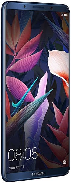 Front view of blue Huawei Mate 10 Pro showing floral wallpaper, date October 16, and time 08:08 on display.
