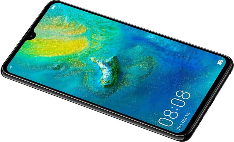 Huawei Mate 20 front view displaying an aerial landscape with turquoise water and green landmass on its screen, with notch and time display visible