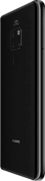 Huawei Mate 20 rear view, black phone with dual camera module and Huawei branding visible on back