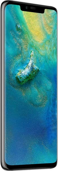 Front view of Huawei Mate 20 Pro with black frame, large screen, blue-green abstract wallpaper, and a wide notch at the top.