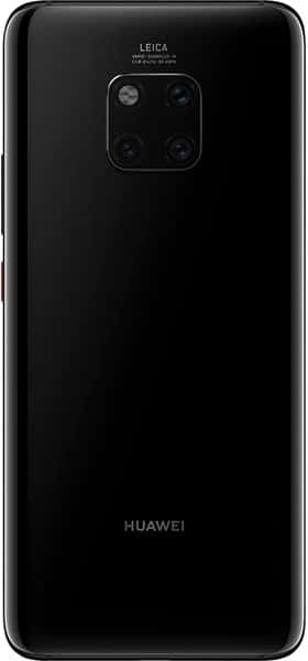 Rear view of black Huawei Mate 20 Pro showing triple-lens square camera, flash, Leica branding above cameras, and Huawei logo below.
